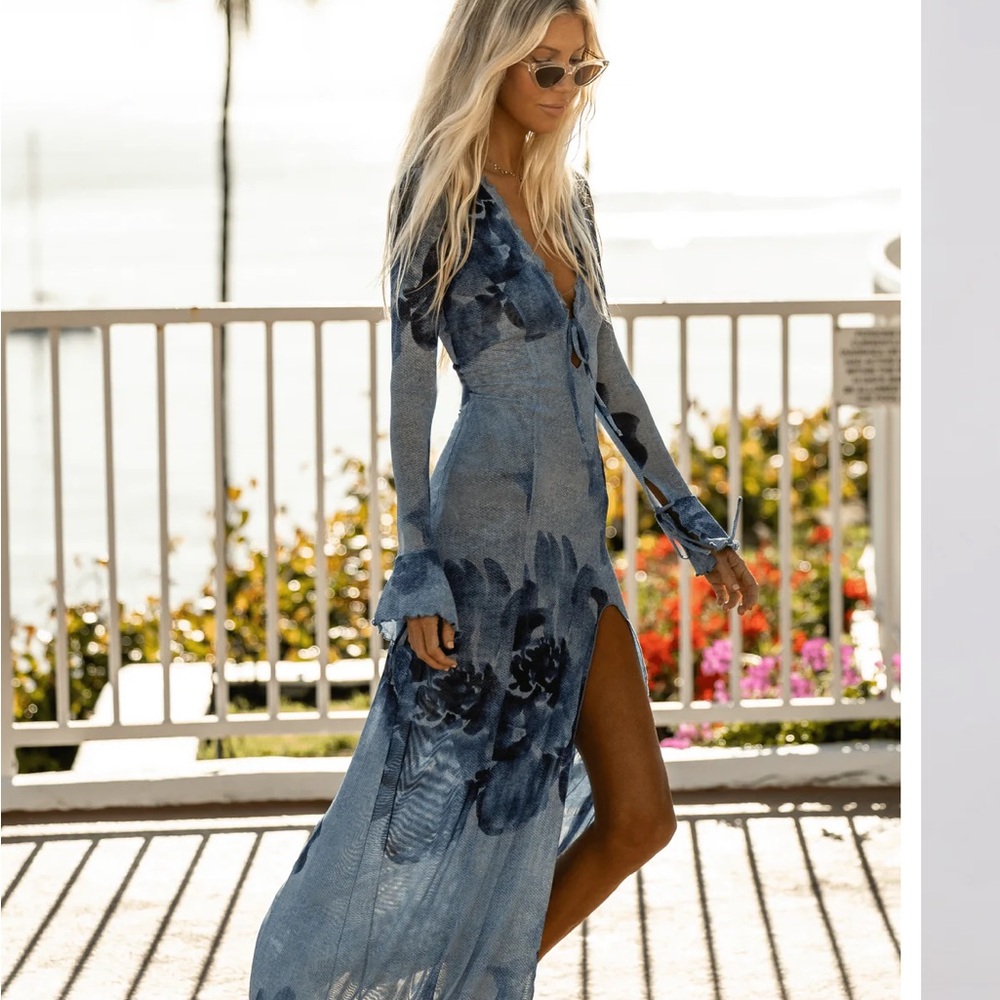 RESA Blue Maxi Sundress with Plunge Neckline and Slit